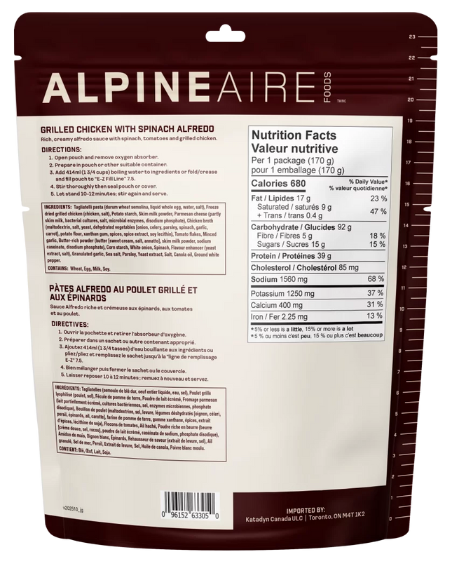 AlpineAire Grilled Chicken with Spinach Alfredo Pasta